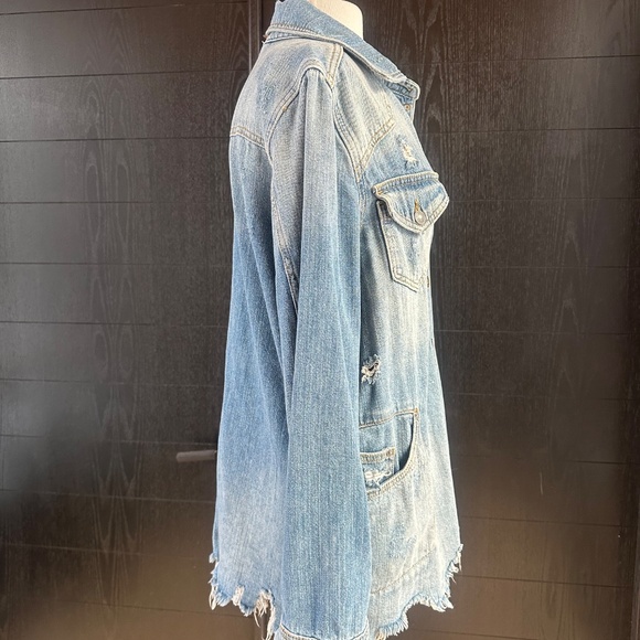 Free People - Moonchild Distressed Denim Long Shirt Jacket XS - Picture 6 of 15